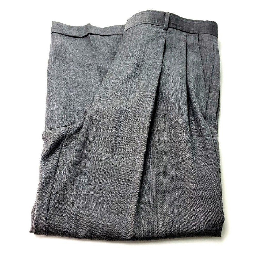 Stafford Wool Dress Pants 35/28 Gray Sharkskin W/ Blue Windowpane Pleated Cuffed